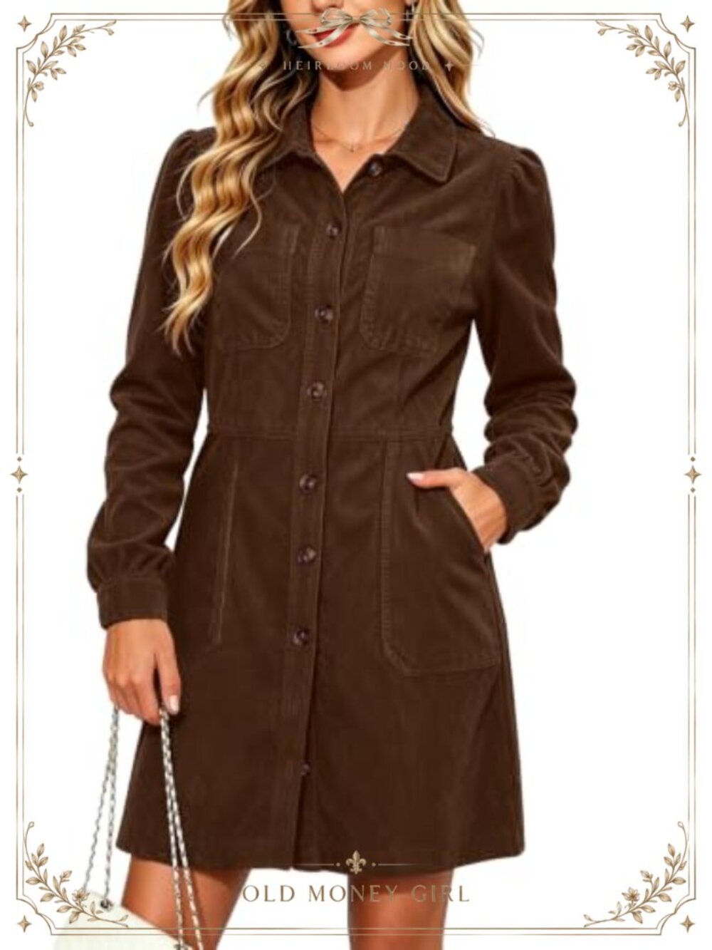 Women's Corduroy Button Down Belted Mini Shirt Dress Long Sleeve Pockets